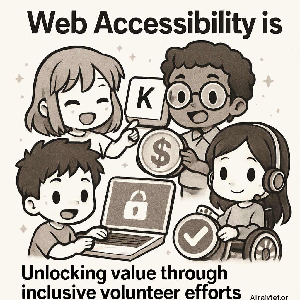 Cute chibi volunteers create keyboard shortcuts in a lively, accessible space, illustrating how inclusive efforts unlock value—reflecting real accessibility ROI.