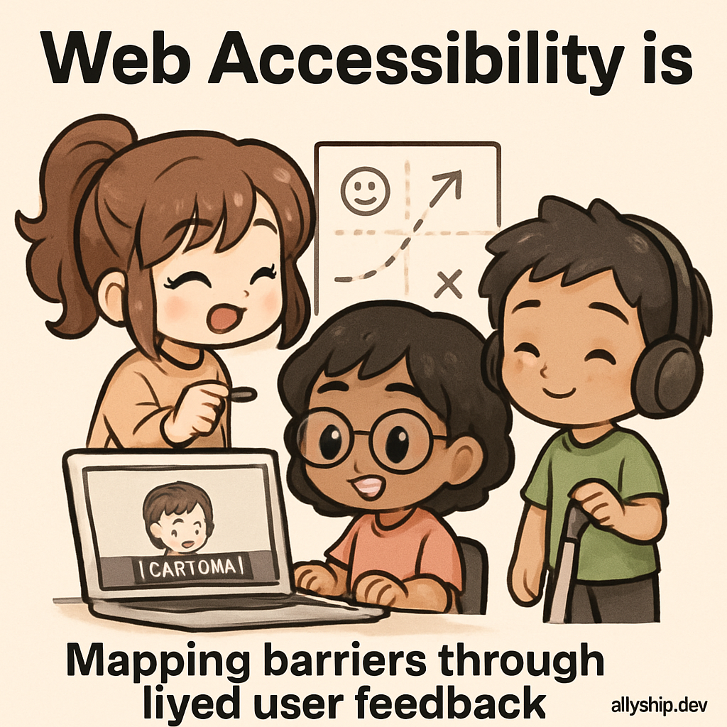 Chibi-style cartoon testers collaboratively adding captions to a silent video, visually mapping accessibility barriers for users with disabilities.