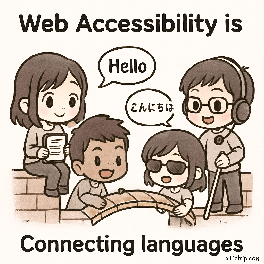 Chibi siblings construct colorful bridges labeled with different languages, showing how accessibility connects people. The scene embodies inclusive, multilingual support, with characters helping each other cross easily.