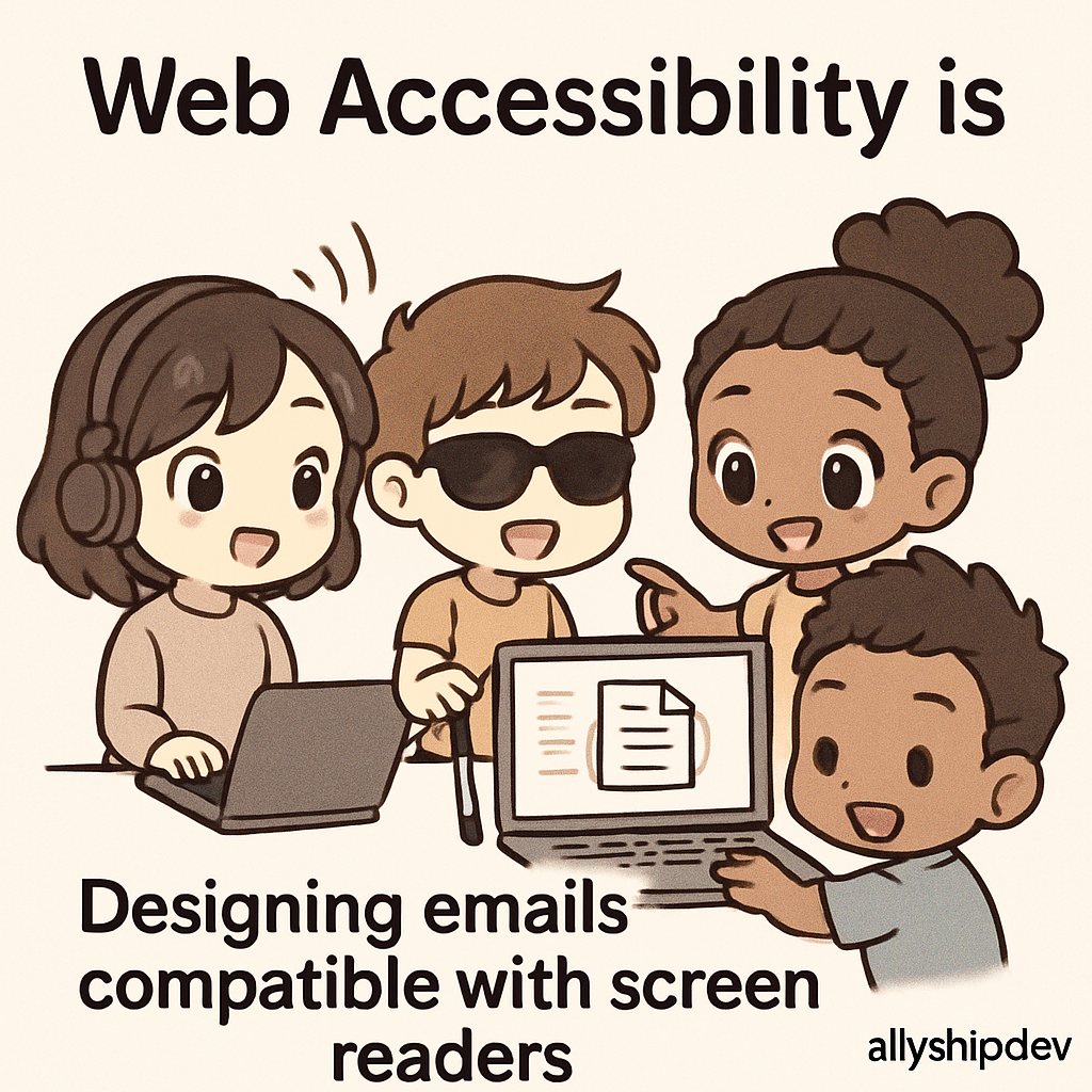 Chibi children collaboratively designing emails, highlighting features like alt text and headings, showing how AllyStudio.dev helps create screen reader-compatible, accessible emails.