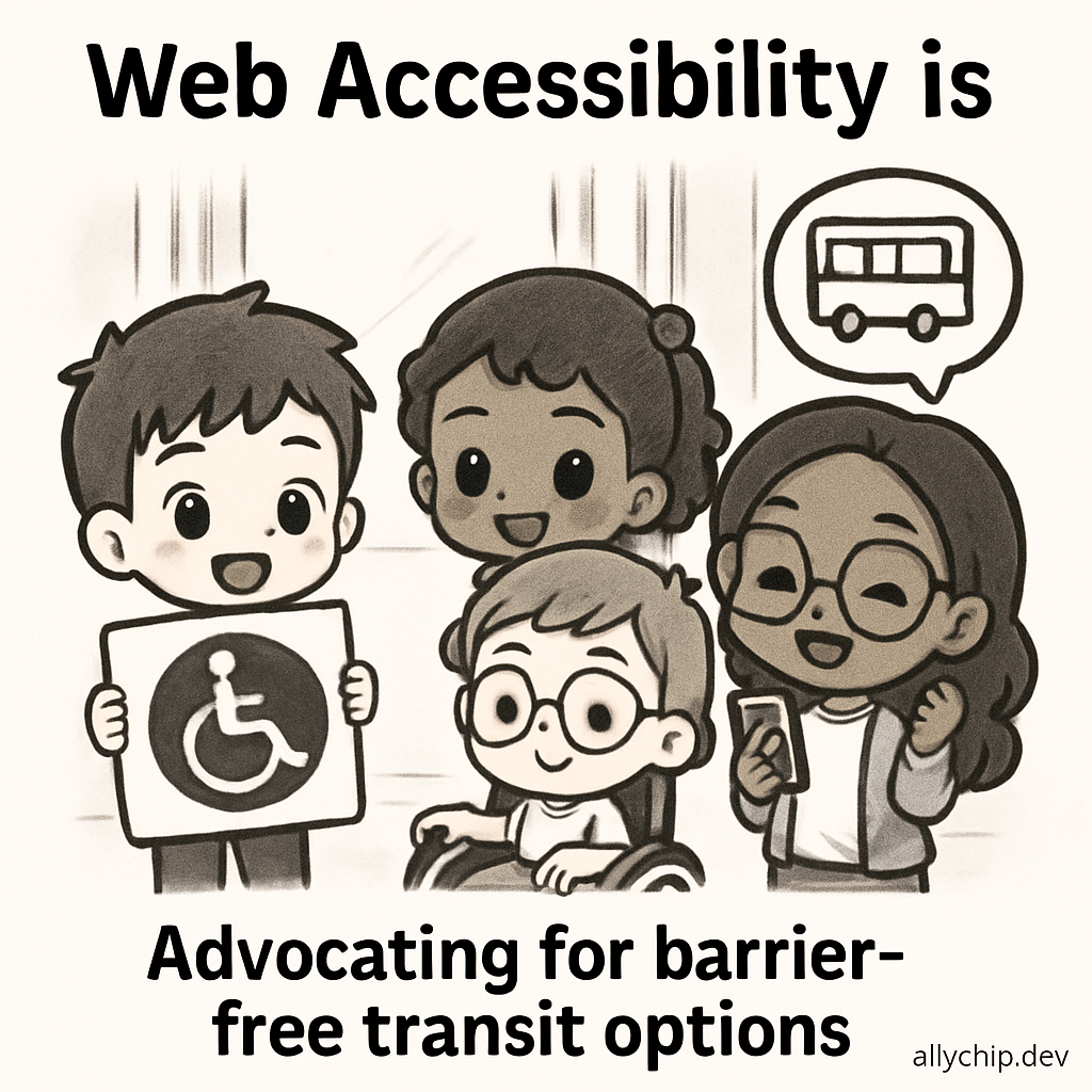 Adorable chibi travelers using accessible transit, ramps, and clear signage to advocate for barrier-free transportation, visually representing accessibility principles.