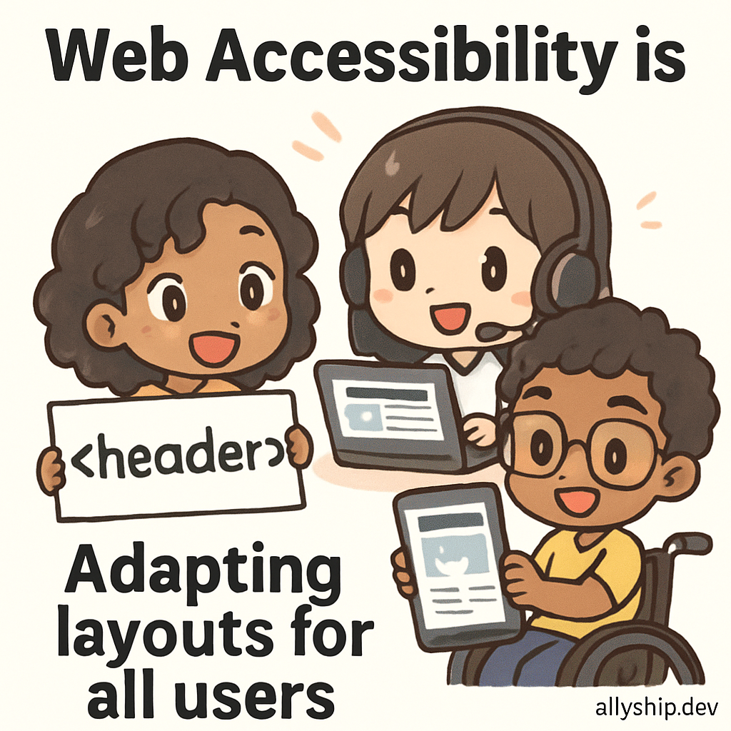 Chibi entrepreneurs collaboratively building accessible, responsive web layouts using semantic HTML, symbolizing how AllyStudio.dev helps teams design for all users on any device.