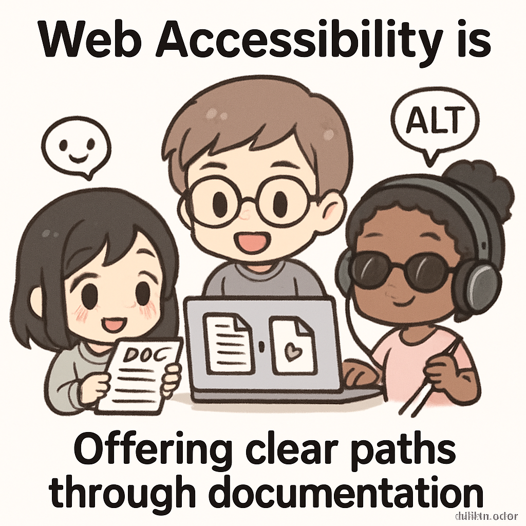 Chibi cartoon travelers cheerfully navigate an accessible transportation map with alternative routes, symbolizing clear, inclusive documentation writing.