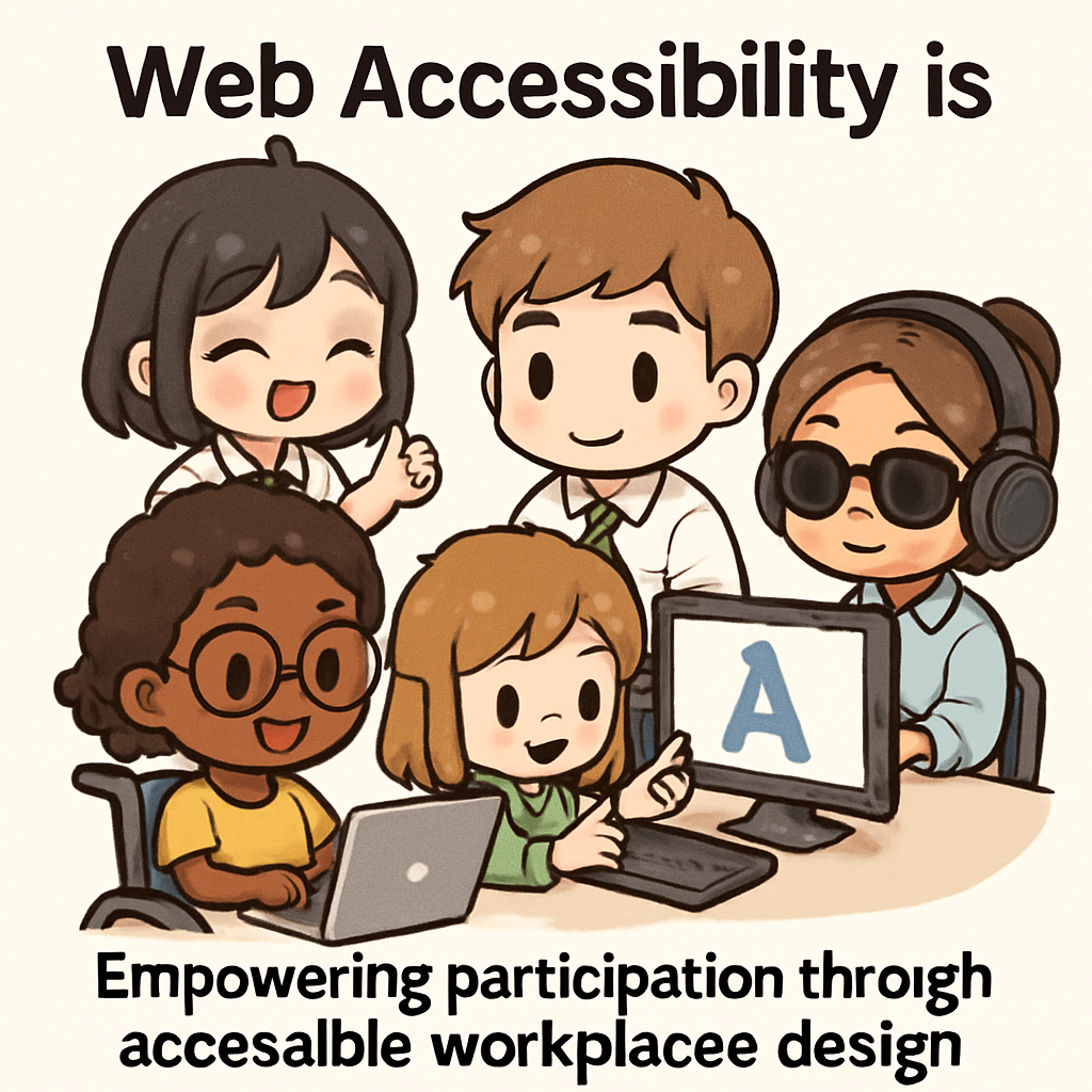 Chibi families, including disabled characters, enjoying accessible workplace entertainment with ramps, interpreters, and assistive technology, reflecting inclusive community design.