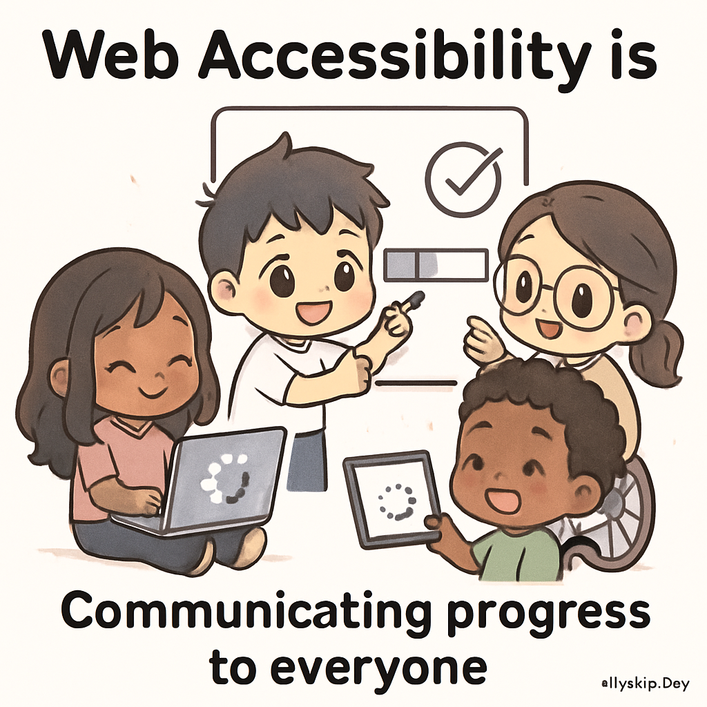 Chibi-style community members use visible progress bars and clear status messages to organize an inclusive event, illustrating accessible loading states and progress indicators.