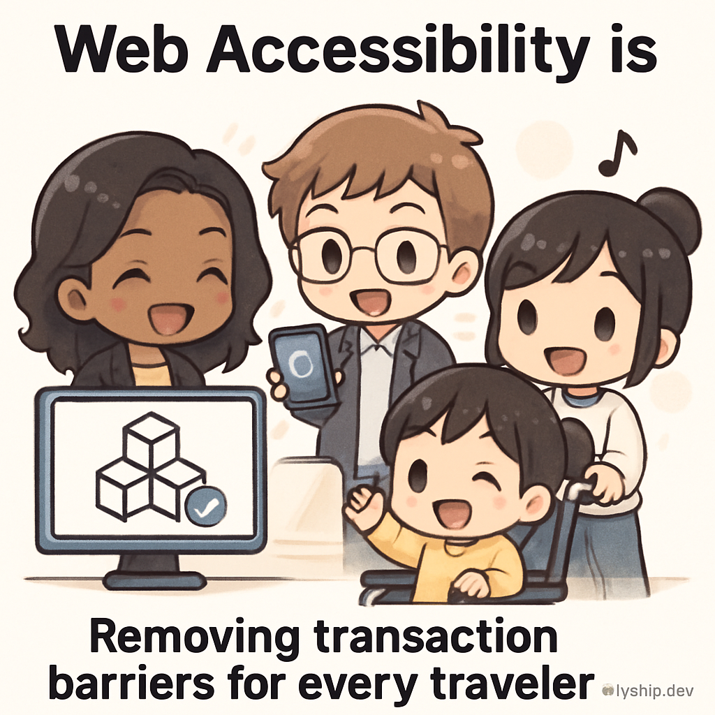 Chibi travelers navigate an accessible transportation hub, using inclusive blockchain interfaces, with ramps, tactile signs, and diverse characters representing accessible design principles in action.