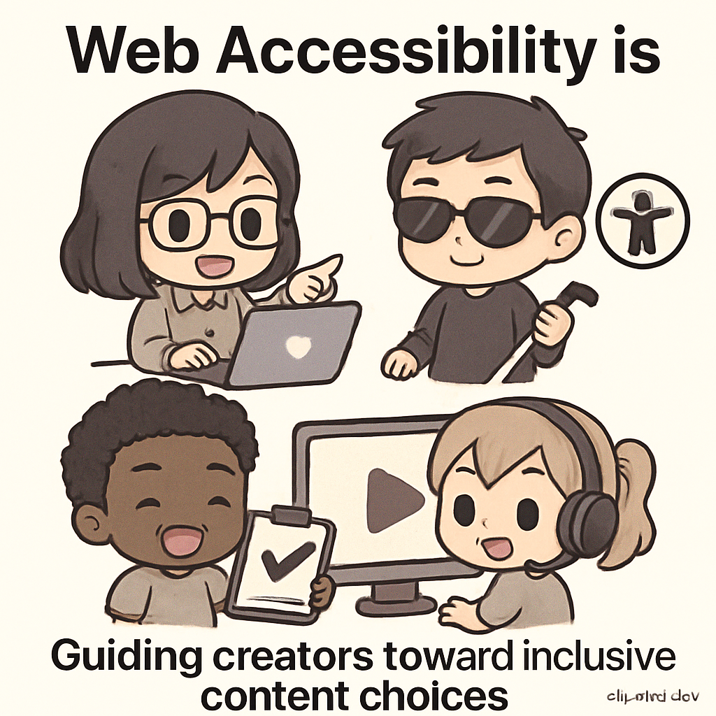 Cartoon of chibi creators using accessibility tools—magnifiers, sign language, and varied devices—visually evaluating inclusive design, inspired by AllyStudio.dev.