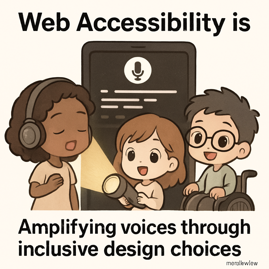 Chibi mentors teach web accessibility by illuminating a dark interface, visually representing voice accessibility with inclusive design choices, in a cute cartoon style.