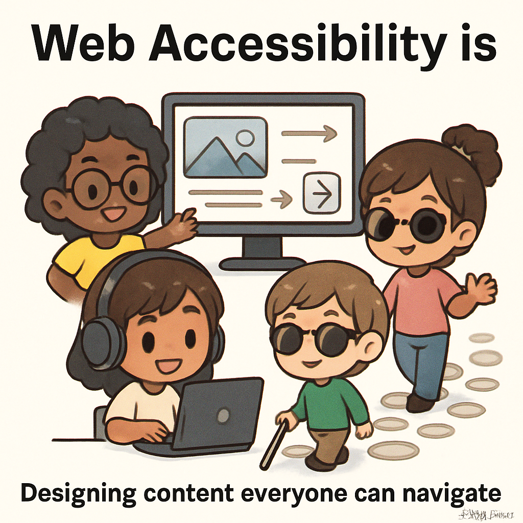 Cute chibi neighbors collaboratively building an inclusive pathway, symbolizing accessible content strategy and universal web navigation, inspired by AllyStudio.dev.