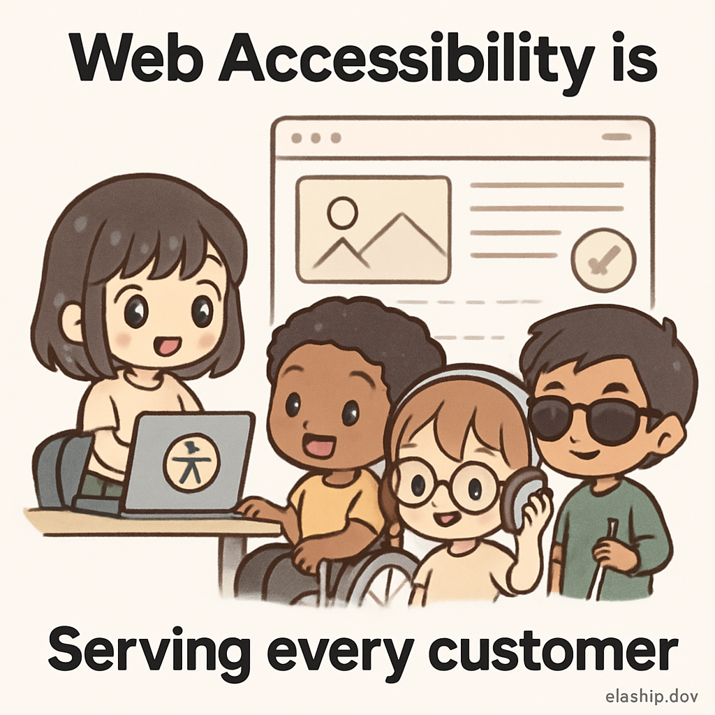 Chibi entrepreneurs launching startups, serving diverse customers with visible and invisible disabilities, using ramps, clear signage, and accessible digital tools to demonstrate barrier-free customer service.