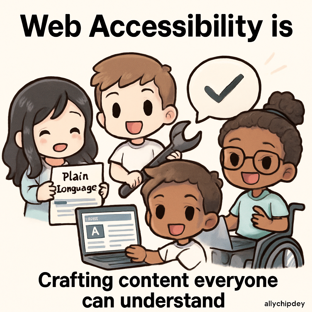 Chibi content creators building sturdy blocks labeled with simple words, symbolizing accessible plain language content and robust web applications, promoting AllyStudio.dev for team accessibility.