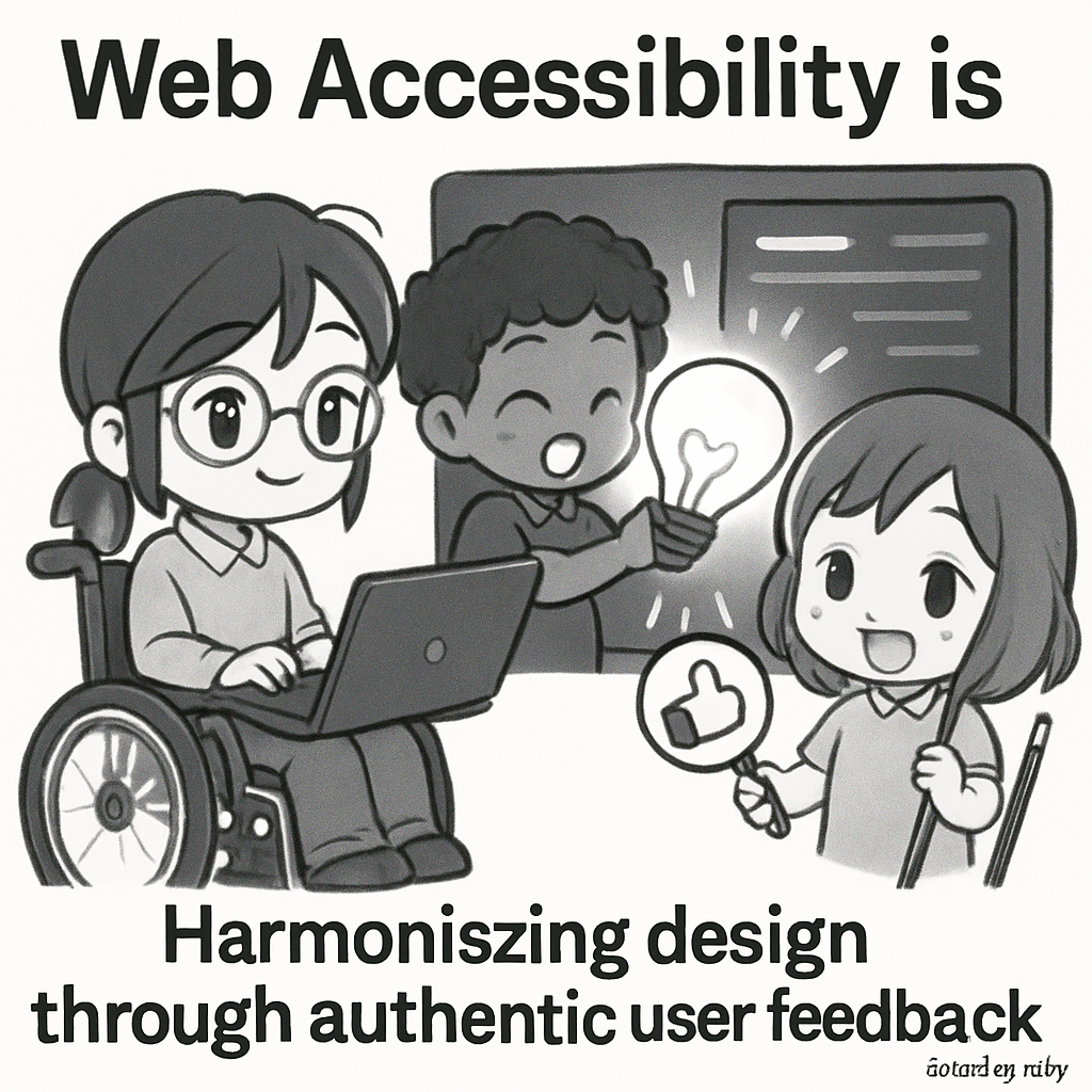 Chibi musicians collaboratively lighting up a dark interface, symbolizing real user testing and inclusive feedback in accessible design.