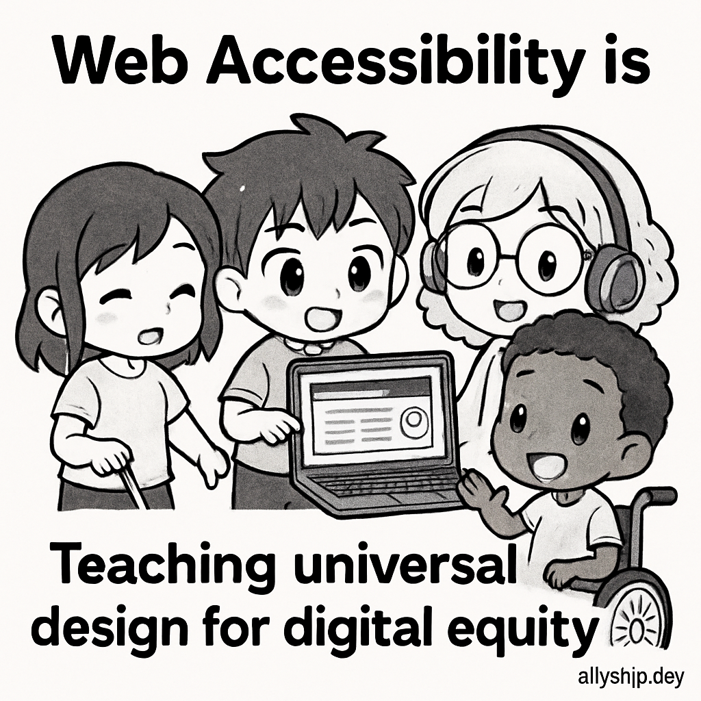 Chibi-style teachers and students collaborating in a classroom, demonstrating consistent web layouts and inclusive digital design concepts for accessibility.
