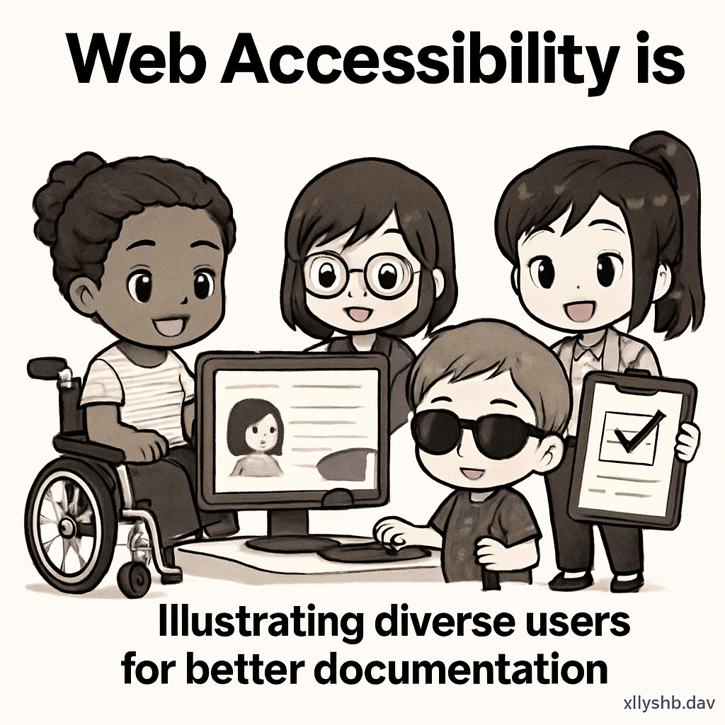 Chibi-style artists create inclusive, diverse user illustrations for accessible documentation, using checklists and magnifiers to audit for compliance.