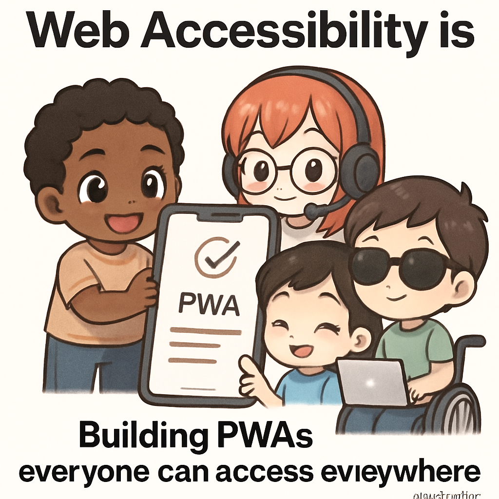 Chibi-style concert-goers of all abilities using smartphones and assistive devices to access an inclusive PWA concert, visually illustrating mobile web accessibility concepts.