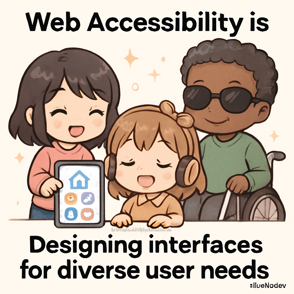 Chibi cartoon researchers demonstrate inclusive smart home accessibility by providing alternative ways—voice, app, tactile switches—to control devices, illustrating AllyStudio.dev’s role in accessible design.