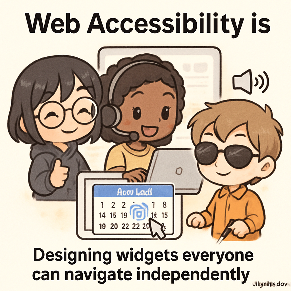 Chibi-style cartoon neighbors sharing web accessibility tips while using an accessible date picker widget, demonstrating inclusive design principles in action.