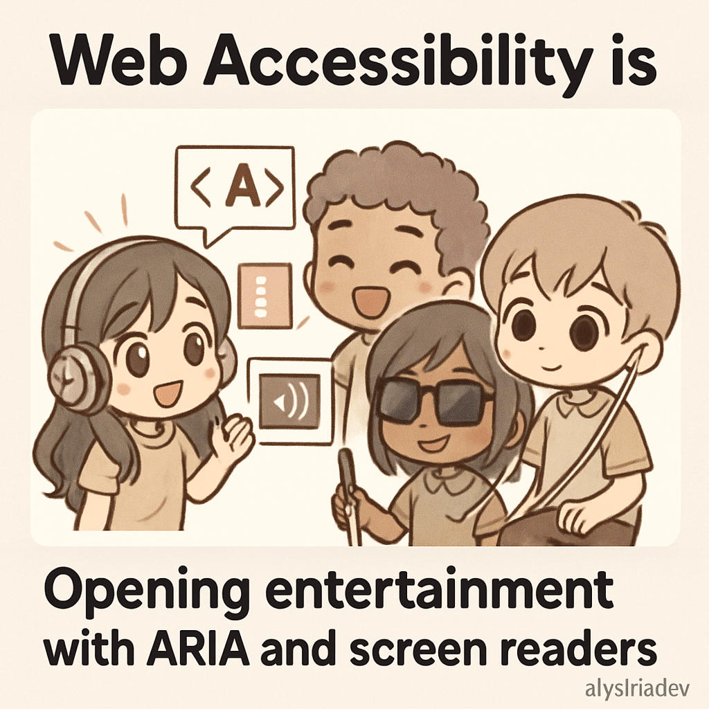 Chibi families enjoying entertainment together, with symbolic icons of screen readers and ARIA labels, showing how accessible design enables equal opportunities for all.