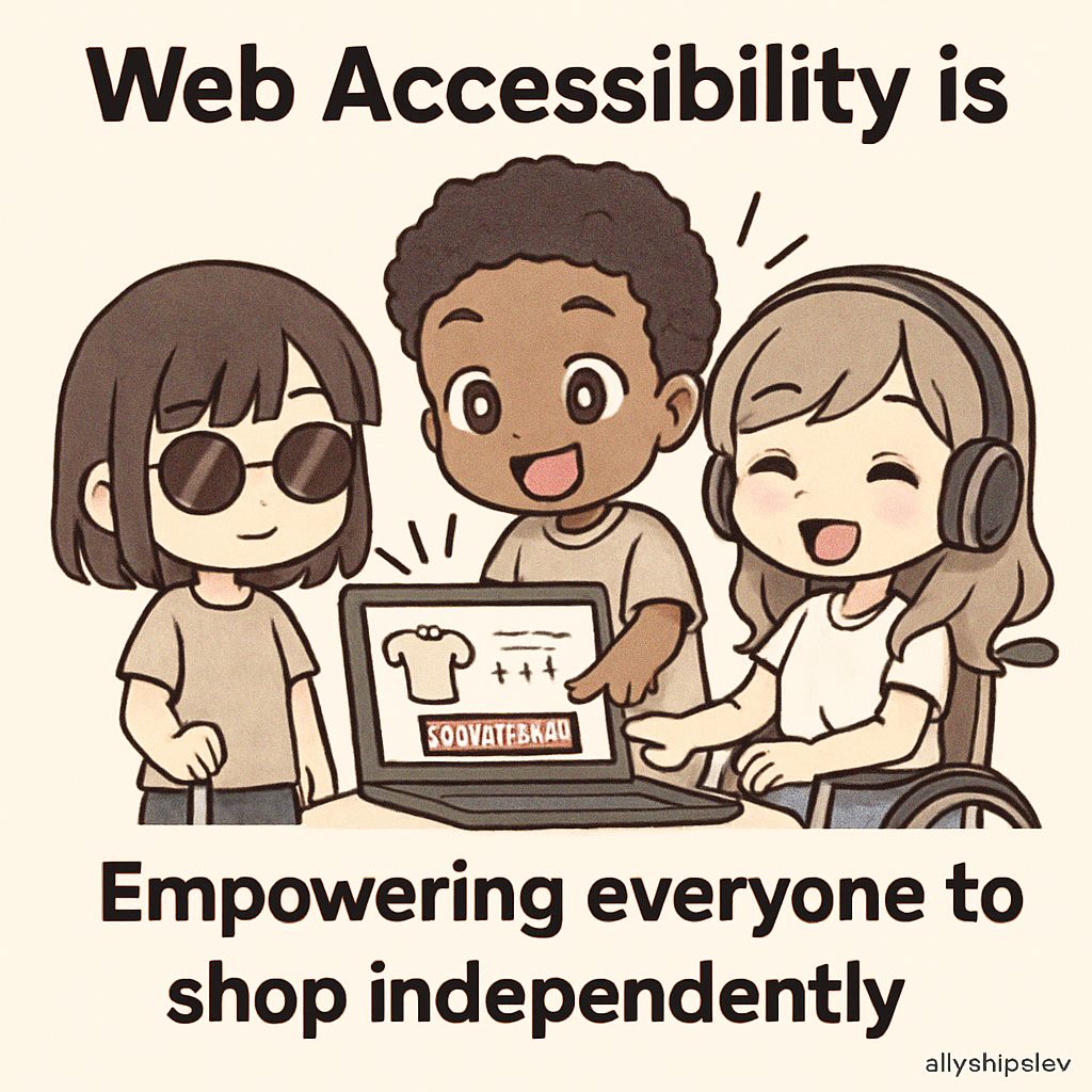 Chibi-style cartoon shoppers of diverse abilities use an accessible e-commerce website, demonstrating operable content and inclusive community building.
