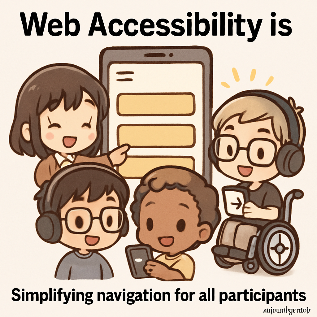Chibi-style community members joyfully organizing an inclusive event, using clear signs and mobile devices with accessible features to simplify navigation and reduce cognitive load for everyone.