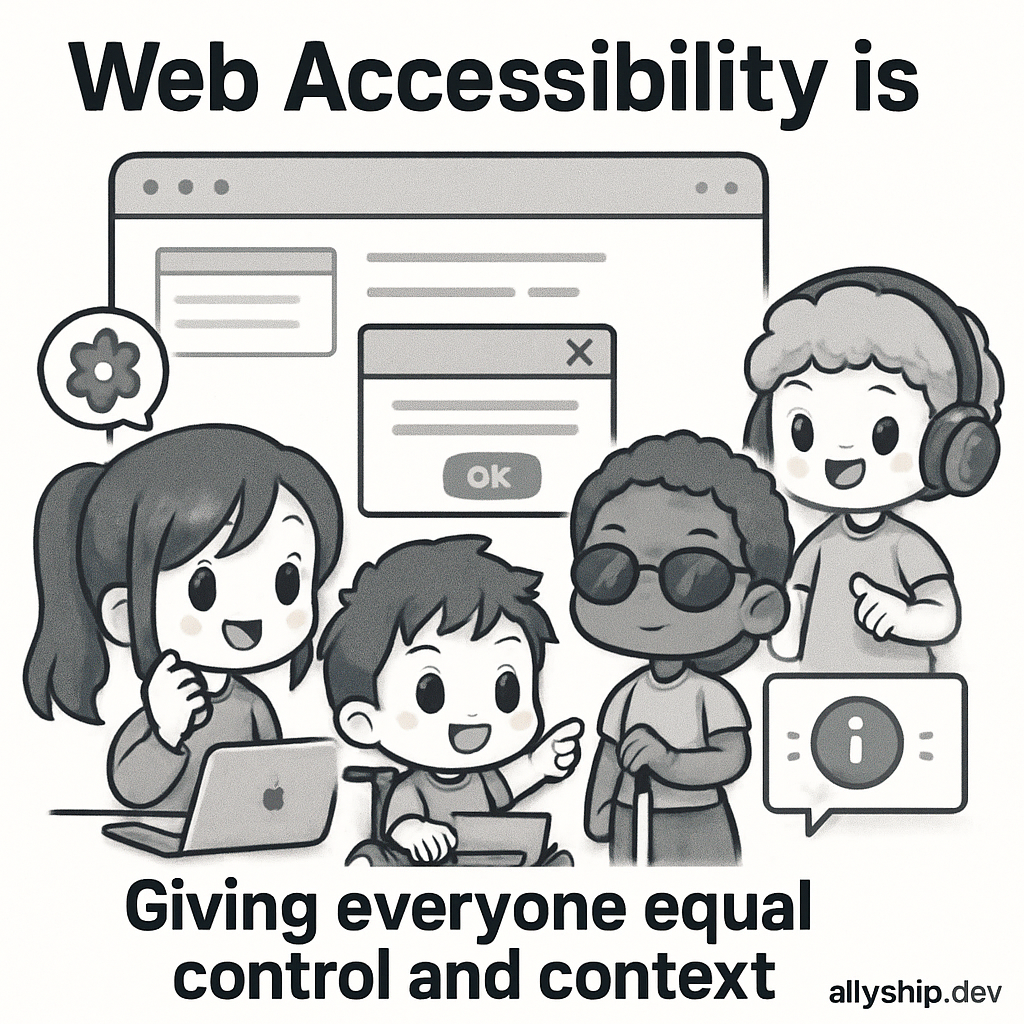 Chibi-style colleagues use accessible modal dialogs and popups, each with visual cues showing equal control and context—conveying web accessibility principles.