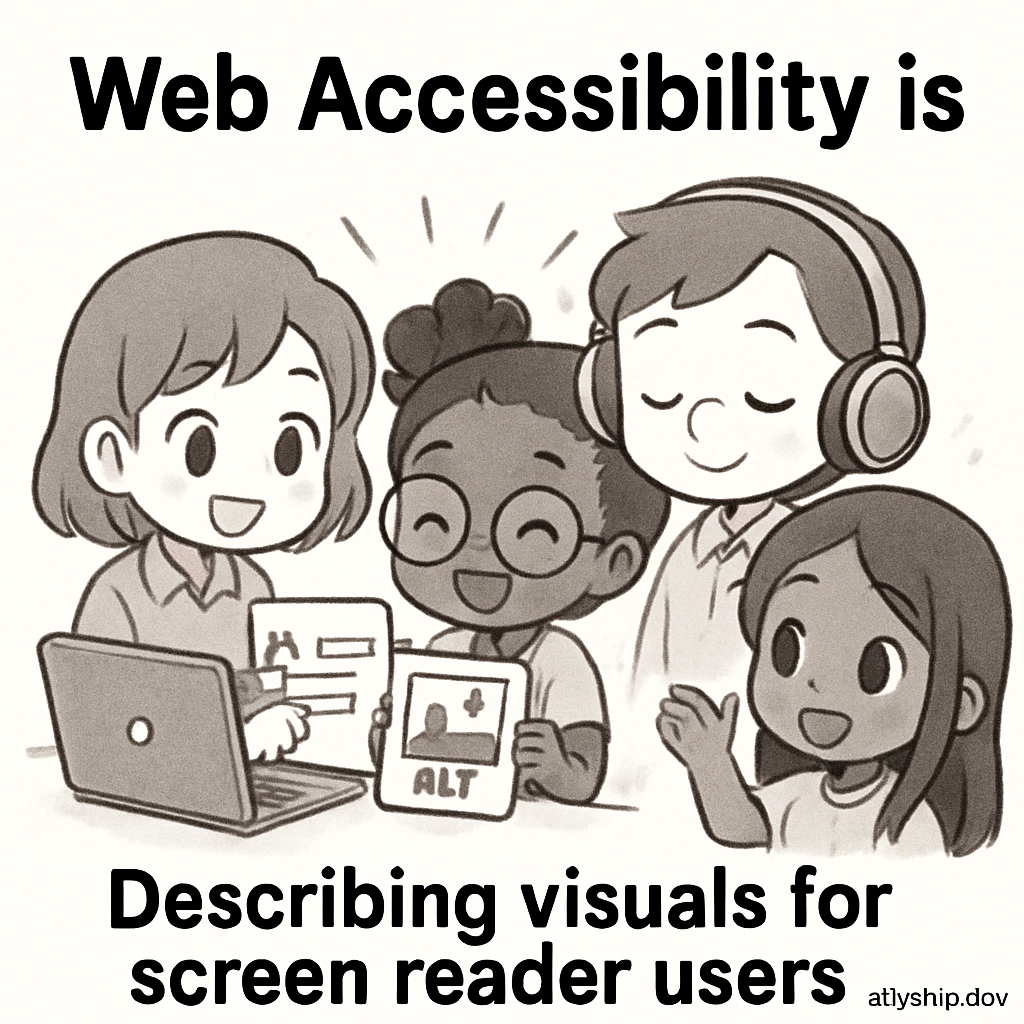 Chibi cartoon travelers use keyboard shortcuts to reveal alt text and media descriptions in an accessible transportation scene, illustrating how clear visuals and description support screen reader users.