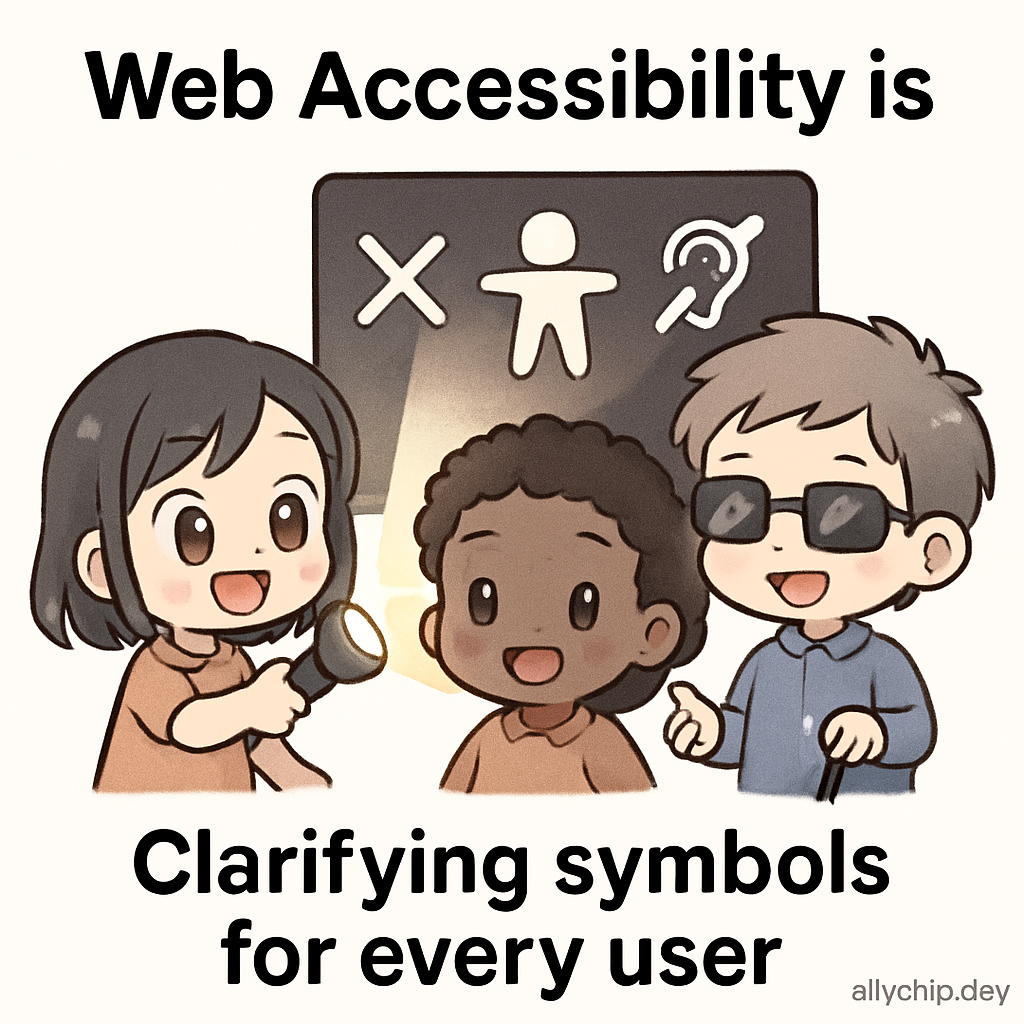 Chibi inventors brighten a dark interface with clear accessible icons, demonstrating inclusive design principles and symbol clarity for every user.