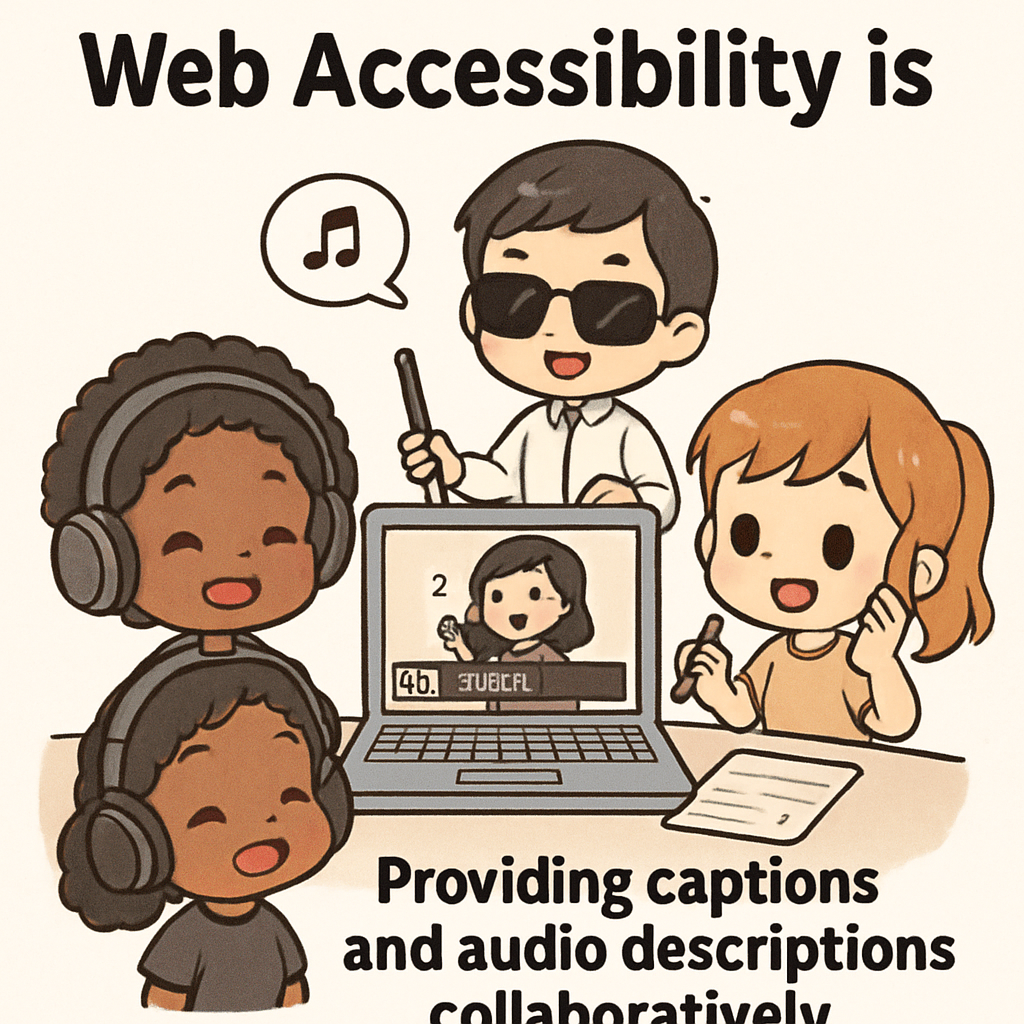 Chibi-style colleagues collaboratively adding captions and audio descriptions to video content, symbolizing inclusive design and user-centered accessibility.