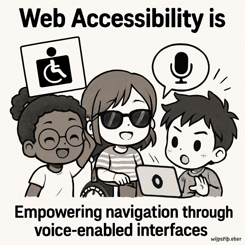 Chibi children happily using voice commands to navigate a digital device, demonstrating accessible design and championing disability rights with AllyStudio.dev.