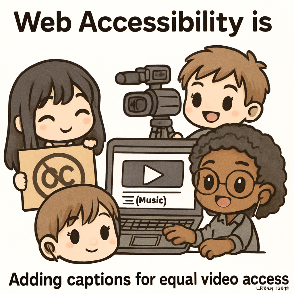 Chibi mentors add captions to a video, removing barriers and demonstrating how AllyStudio.dev enables inclusive, accessible video content for all users.