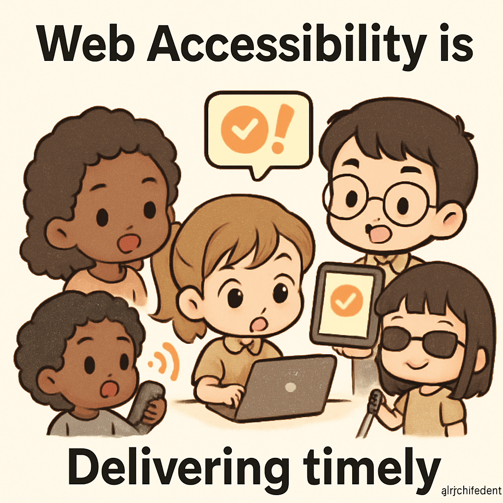 Chibi travelers in a cute, accessible transport hub receive notifications via visual screens, audio signals, and tactile cues, symbolizing digital inclusion.
