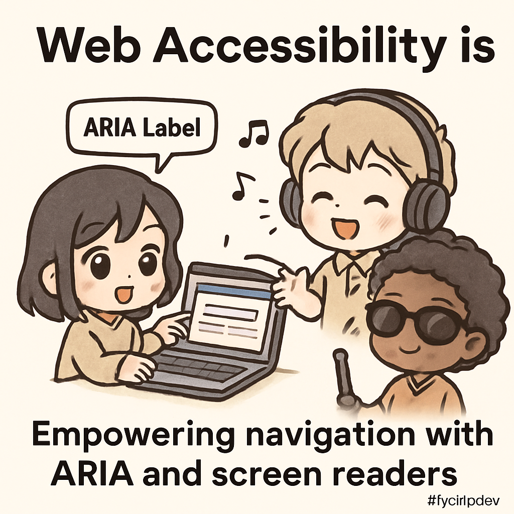 Chibi library visitors using accessible resources, with symbolic ARIA labels and screen readers represented, showing empathetic web accessibility design.
