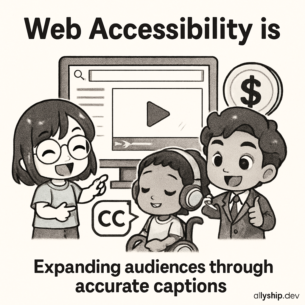 Chibi filmmakers joyfully adding accurate captions to a movie, guided by a map and compass to symbolize clear navigation and accessibility return on investment.