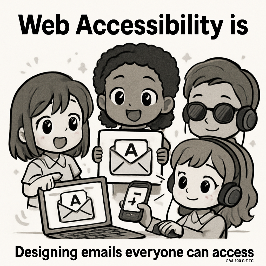 Chibi-style cartoon researchers happily designing accessible emails together with visual cues like readable fonts and alt text, symbolizing barrier-free experiences.