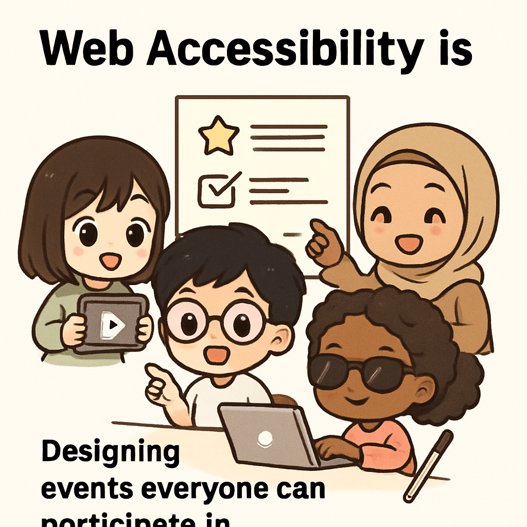 Chibi cartoon animators using sign language, braille, and accessible technology to plan an inclusive event, symbolizing accessible design for all abilities.