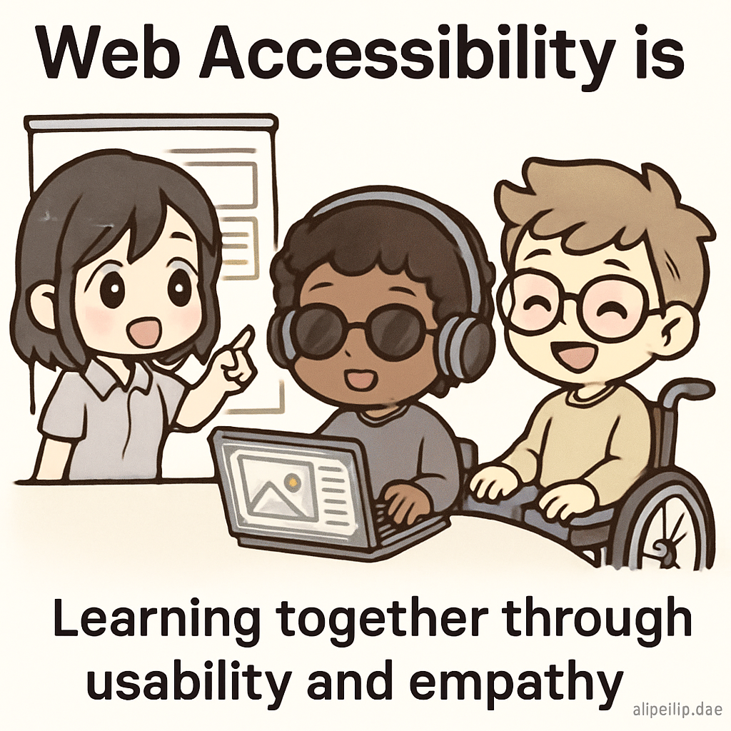 Chibi cartoon neighbors in an inclusive design workshop, using assistive technology and sharing accessibility tips, symbolizing learning and empathy.