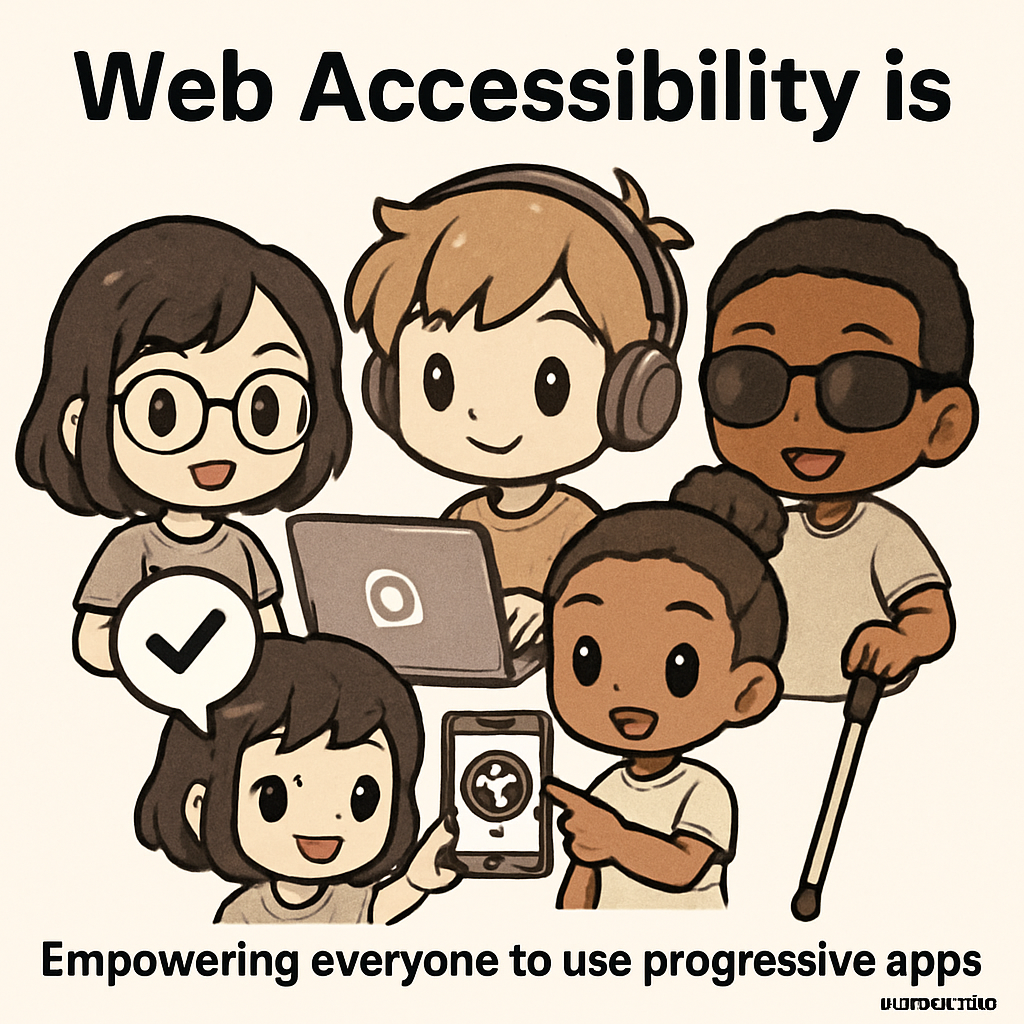 Chibi-style grandparents excitedly using accessible progressive web apps, surrounded by symbols of inclusive design and clear navigation, demonstrating AllyStudio.dev's role in accessible PWA development.