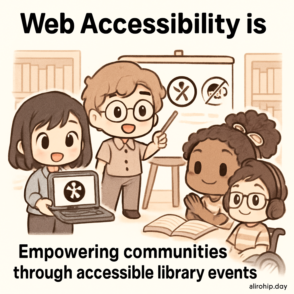 Chibi-style cartoon of diverse community members making library events accessible—adding braille, setting up a ramp, and sharing accessible flyers.