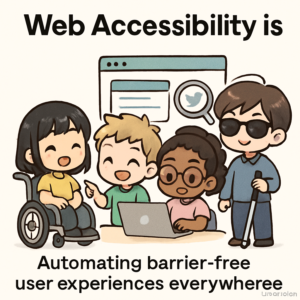 Chibi entrepreneurs launching accessible startups with cute robots automating accessibility testing, making user interfaces clear and barrier-free for all.